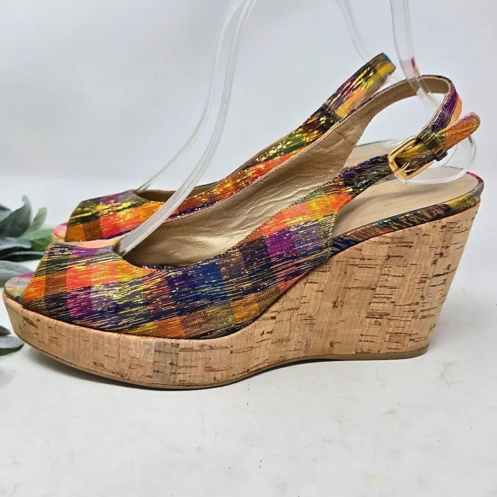 STUART WEITZMAN Jean Winsel‎ Tinsel Metallic Plaid Cork Wedge 9N